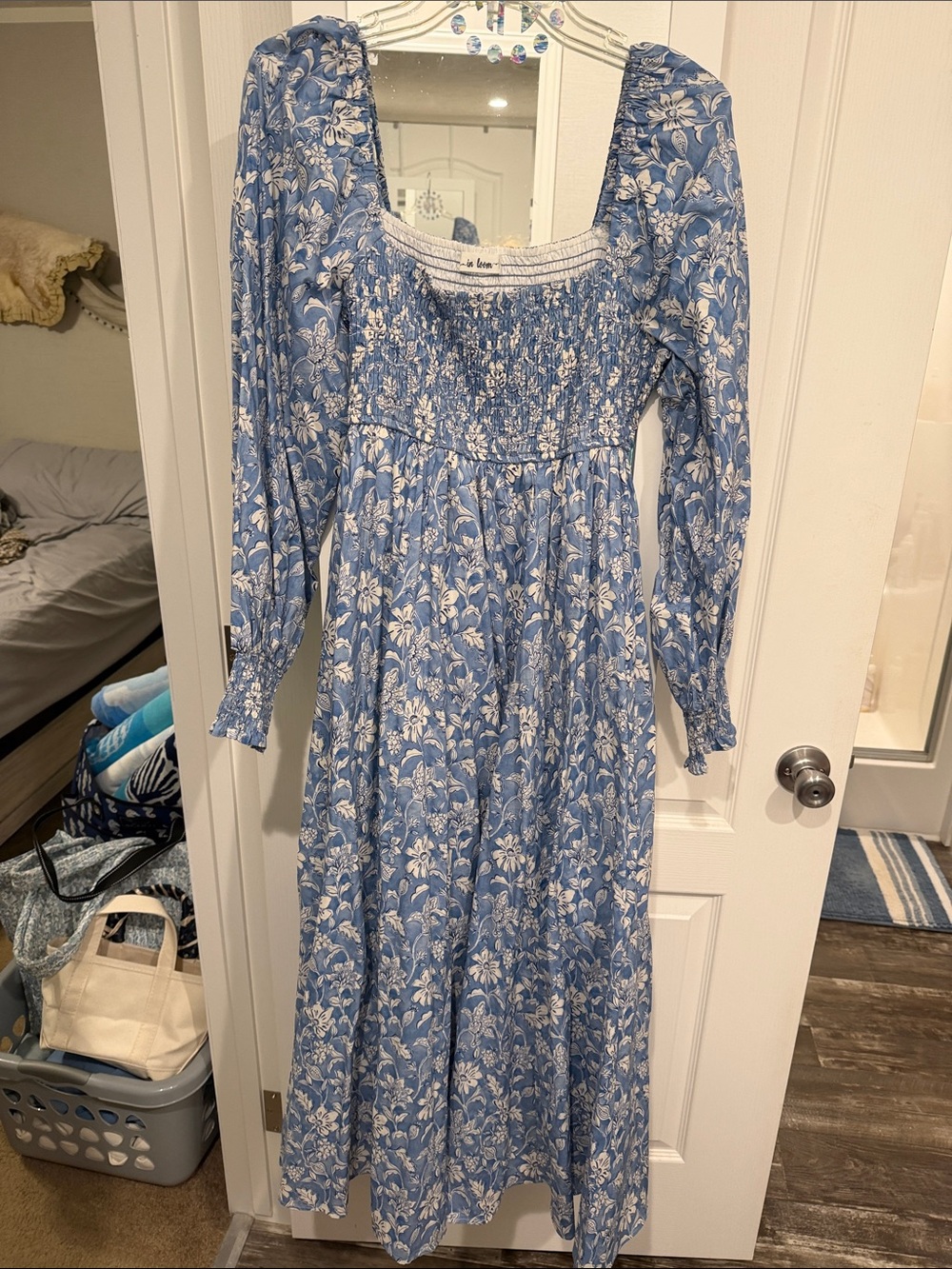 Pinkblush Blue Floral Smocked Maxi Dress with Long Sleeves